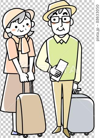 キャリーバッグを引いて旅行に出るシニア夫婦 88633050