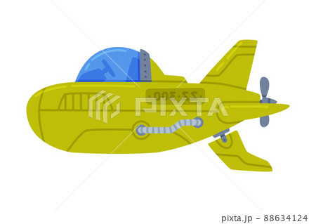 Green Submarine Watercraft Swimming Underwater Vector Illustration 88634124