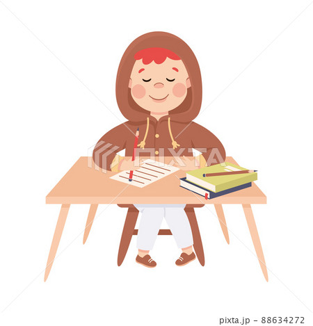 Little Boy Pupil Sitting at Table with Book Engaged in Elementary Education Vector Illustration 88634272