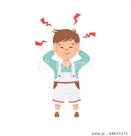 Sick Little Boy Feeling Unwell Suffering from Headache Vector Illustration 88634373