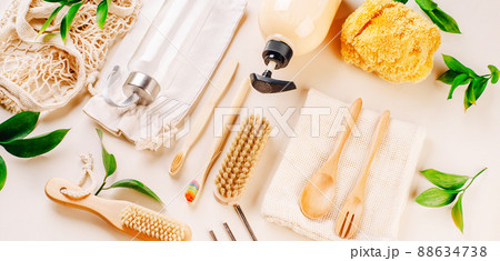Plastic-free concept.Items for hygiene and face and body care made of eco-friendly materials.Personal care products made from natural materials.Flat lay of personal care zero waste supplies. 88634738
