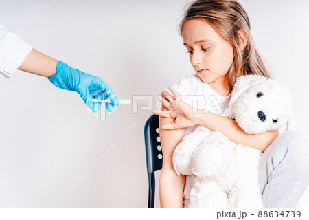 Flu influenza vaccine clinical trials concept, corona virus treatment, close up .Scale vaccination.The girl does not want to be vaccinated. 88634739