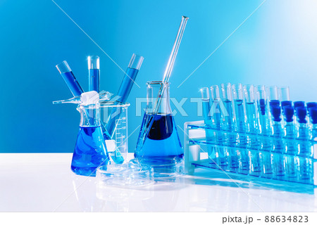 Empty flasks in a chemical laboratory.Science laboratory.Scientific experiment.Concept of medicine.Collection of medical flasks.The chemicals in many glass tubes.Stand to show glass cosmetic product. 88634823