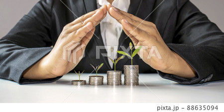 trees growing on a pile of coins in the hand of a middle-aged man. Retirement Financial Planning Ideas saving money and cash and investment to create financial stability after retirement 88635094