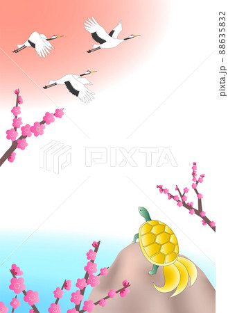 飛んでいる3羽の鶴とそれを見ている金の蓑亀と梅の花のメッセージカード　はがきサイズ縦型 88635832
