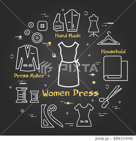 Banner with white outline sewing icons, dress and accessories for seamstress isolated on black, vector illustration. 88635940