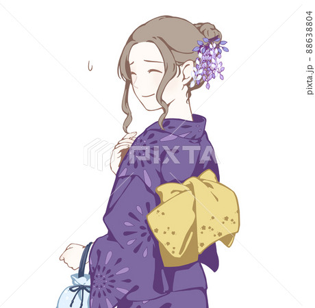 浴衣を着た女性見返り美人 困り顔 あらら のイラスト素材 6304