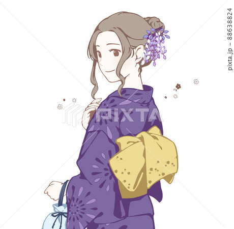 浴衣を着た女性見返り美人(笑顔/花/上品) 88638824