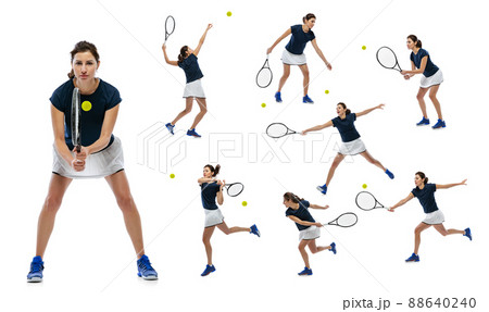 Set of portraits of active young woman, tennis player in motion, training isolated over white studio background Set of portraits of active young woman, tennis player in motion, training isolated over white studio background 88640240