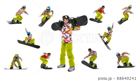 Set of portraits of young woman in bright sportswear, goggles and helmet snowboarding isolated on white studio background. Concept of winter sports 88640241