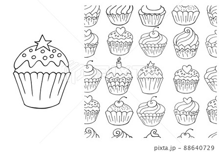 Coloring Cupcake. Set of element and seamless pattern 88640729