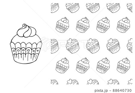 Coloring Cupcake. Set of element and seamless pattern 88640730