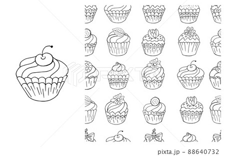 Coloring Cupcake. Set of element and seamless pattern 88640732
