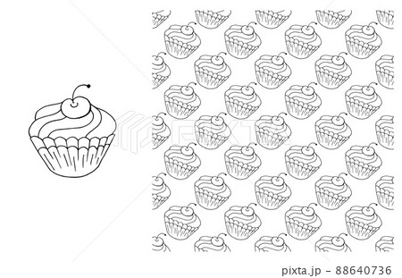 Coloring Cupcake. Set of element and seamless pattern Coloring Cupcake. Set of element and seamless pattern 88640736