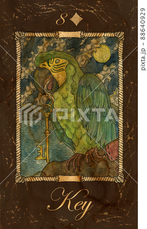 Key. Card of Old Marine Lenormand Oracle deck. Fantasy vintage watercolor illustration with mystic symbols in nautical style, colorful graphic drawing. Key. Card of Old Marine Lenormand Oracle deck. Fantasy vintage watercolor illustration with mystic symbols in nautical style, colorful graphic drawing. 88640929