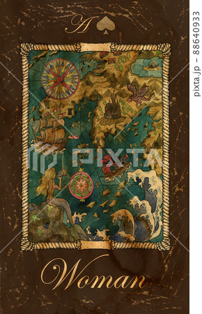 Woman. Card of Old Marine Lenormand Oracle deck. Fantasy vintage watercolor illustration with mystic symbols in nautical style, colorful graphic drawing. Woman. Card of Old Marine Lenormand Oracle deck. Fantasy vintage watercolor illustration with mystic symbols in nautical style, colorful graphic drawing. 88640933