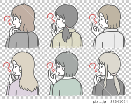 疑問に思う若い女性の斜め後ろ向き上半身セット（仕事向きの服装） 88641024