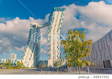 Two towers of modern AC Hotel Bella Sky and Bella exhibition and conference Center in the orestad district of Copenhagen, Denmark 88641502