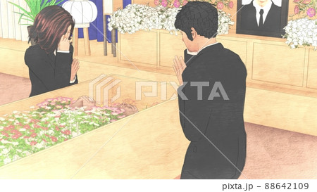 葬式 葬儀場 お別れ 人あり 遺影写真あり CG イラスト 葬式 葬儀場 お別れ 人あり 遺影写真あり CG イラスト 88642109