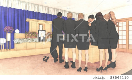 葬式　葬儀場　お別れ　人あり 遺影写真あり  CG イラスト 88642110
