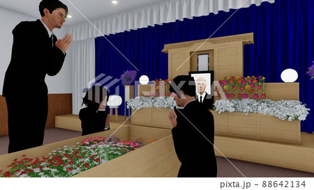 葬式 葬儀場 お別れ 人あり 遺影写真あり CG イラスト 葬式 葬儀場 お別れ 人あり 遺影写真あり CG イラスト 88642134