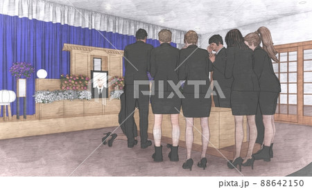 葬式 葬儀場 お別れ 人あり 遺影写真あり CG イラスト 葬式 葬儀場 お別れ 人あり 遺影写真あり CG イラスト 88642150