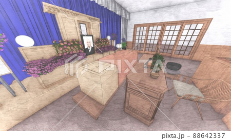 葬式 葬儀場 人なし 遺影写真あり CG イラスト 葬式 葬儀場 人なし 遺影写真あり CG イラスト 88642337