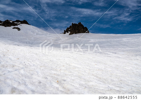 安達太良山　スノートレッキング　バックカントリーのシュプールが残る雪原 88642555