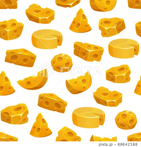 Cartoon yellow cheddar, swiss, maasdam cheese seamless pattern. Diary food product vector wallpaper or backdrop, wrapping paper or background with swiss cheese peaces and blocks 88642588