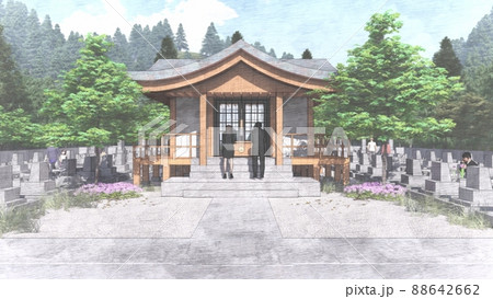 神社   お寺　墓地　お墓参り　人あり　イラスト CG　 88642662