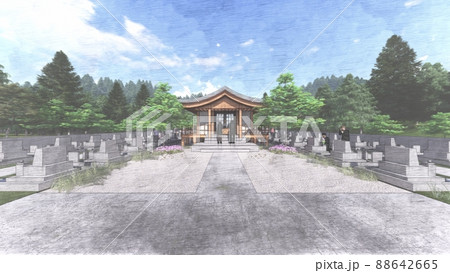 神社   お寺　墓地　お墓参り　人あり　イラスト CG　 88642665