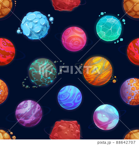 Cartoon space planets and stars seamless pattern vector background. Fantasy galaxy world of aliens and fantastic universe with asteroids on orbit, space planets of ice rocks with craters Cartoon space planets and stars seamless pattern vector background. Fantasy galaxy world of aliens and fantastic universe with asteroids on orbit, space planets of ice rocks with craters 88642707