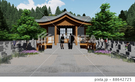 神社 お寺 墓地 お墓参り 人あり イラスト CG 神社 お寺 墓地 お墓参り 人あり イラスト CG 88642725