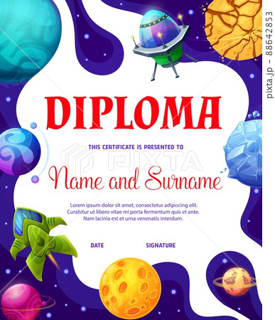 Kids diploma with cartoon galaxy and space rockets, UFO starcraft and planets, vector. School award certificate or kindergarten appreciation diploma with alien UFO spaceship in space universe 88642853