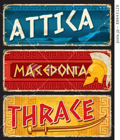 Attica, Macedonia and Thrace greek regions plates. Greece regions grunge vector plate, vintage tin sign with shabby sides, typography and macedonian helmet, Thracian ancient Sica sword weapon 88643128