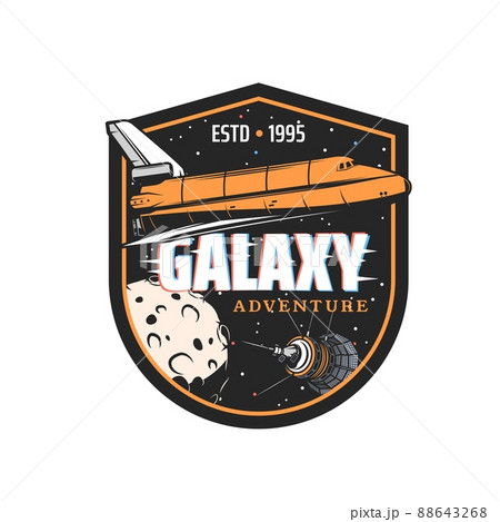 Space shuttle in galaxy vector emblem with spacecraft, moon, satellite in cosmos and glitch effect. Universe exploration. adventure, interstellar traveling vintage label, spaceship explore deep cosmos Space shuttle in galaxy vector emblem with spacecraft, moon, satellite in cosmos and glitch effect. Universe exploration. adventure, interstellar traveling vintage label, spaceship explore deep cosmos 88643268