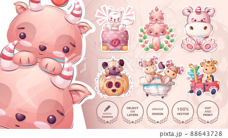 Seamless pattern - cat, kitty, diplomat, devil, unicorn, pug, sticker, bull, bath, bathroom, giraffe, car 88643728