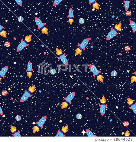 Seamless space pattern. Planets, rockets and stars. Cartoon spaceship. Childish background. Hand drawn illustration. Seamless space pattern. Planets, rockets and stars. Cartoon spaceship. Childish background. Hand drawn illustration. 88644625