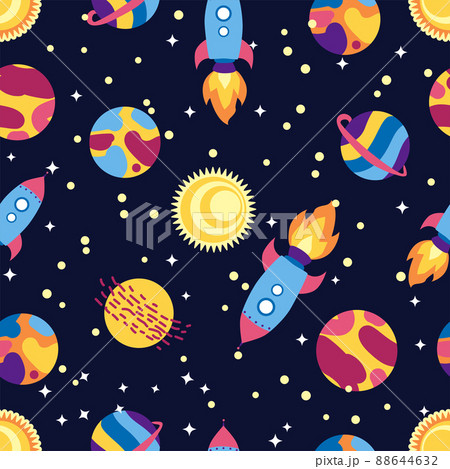 Seamless space pattern. Planets, rockets and stars. Cartoon spaceship. Childish background. Hand drawn illustration. Seamless space pattern. Planets, rockets and stars. Cartoon spaceship. Childish background. Hand drawn illustration. 88644632