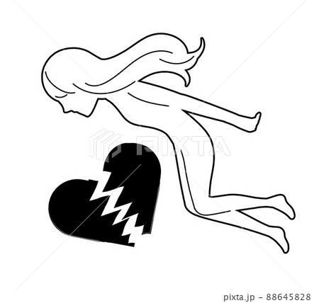 割れたハートマークと身投げする女性のシルエットの自殺イメージの抽象的なイラストのイラスト素材 6458
