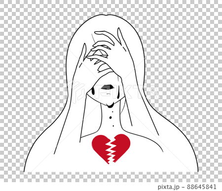 Abstract illustration of a woman with black lines tearing in white paint and a depressed image of a broken heart 88645841