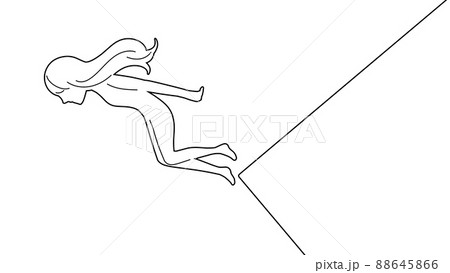 白色の塗りに黒色の線の飛び降りる女性のシルエットの自殺イメージの抽象的なイラスト 88645866