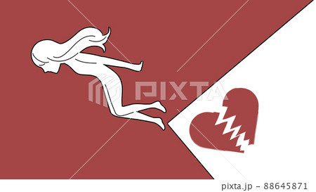 身投げする女性のシルエットと割れたハートの自殺イメージの抽象的なイラスト 身投げする女性のシルエットと割れたハートの自殺イメージの抽象的なイラスト 88645871