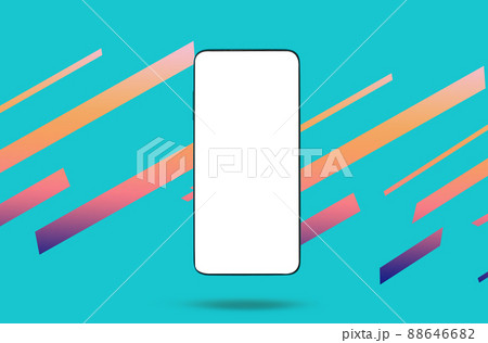 E-business. Close up of cell phone with mock up at turquoise background with multicolored stripes. Copy space. Concept of cyberspace and social media E-business. Close up of cell phone with mock up at turquoise background with multicolored stripes. Copy space. Concept of cyberspace and social media 88646682