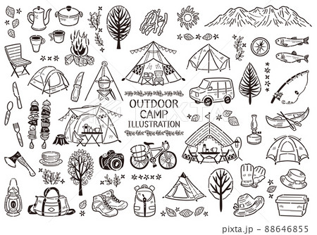 アウトドアレジャー キャンプ バーベキュー アイコン イラストセット 線画 アウトドアレジャー キャンプ バーベキュー アイコン イラストセット 線画 88646855