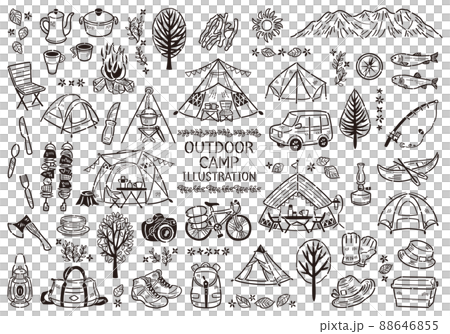 アウトドアレジャー キャンプ バーベキュー アイコン イラストセット 線画 アウトドアレジャー キャンプ バーベキュー アイコン イラストセット 線画 88646855