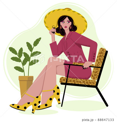 A beautiful girl in a flap sits in a chair. Vector flat illustration 88647133