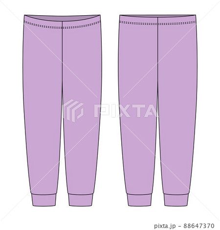 Children's pajamas pants technical sketch. Purple color. Kids home wear trousers design template isolated. 88647370