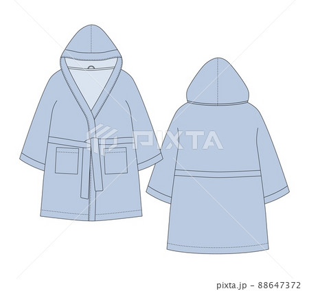 Bathrobe technical sketch. Hooded bathrobe with pocket and belt. Light blue color. Flat garment apparel template. 88647372