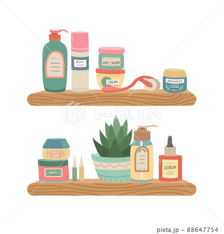Vector illustration of a shelf with cosmetics for face and body care. Home cosmetic care. 88647754